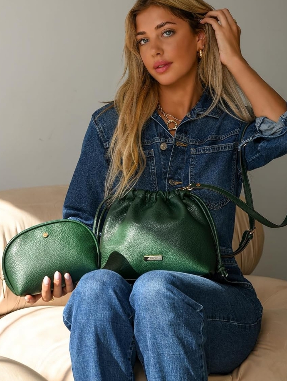 Black Pebbled Drawstring Crossbody Bag with Matching Pouch
